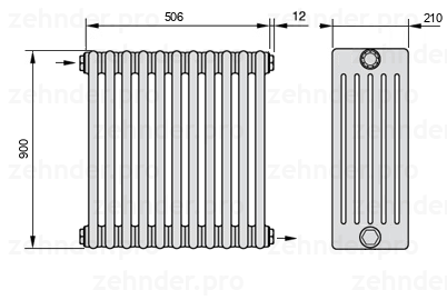 Схема (чертеж) Радиатор Zehnder Charleston 6090/11 №1670 Белый глянцевый RAL 9016